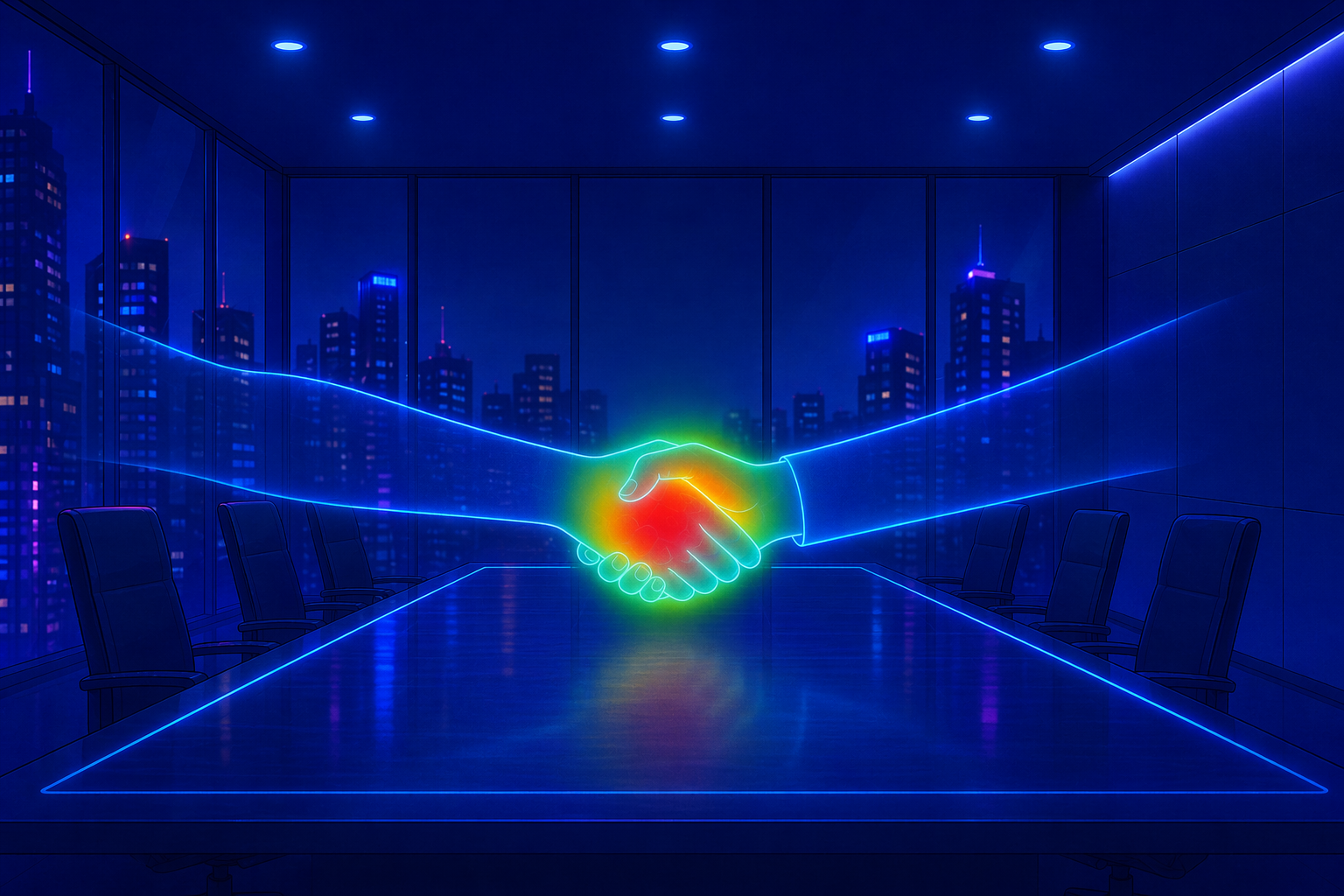 Cognitive3D analytics layer visualised as a neon handshake over an XR boardroom, with spatial heatmap data in view